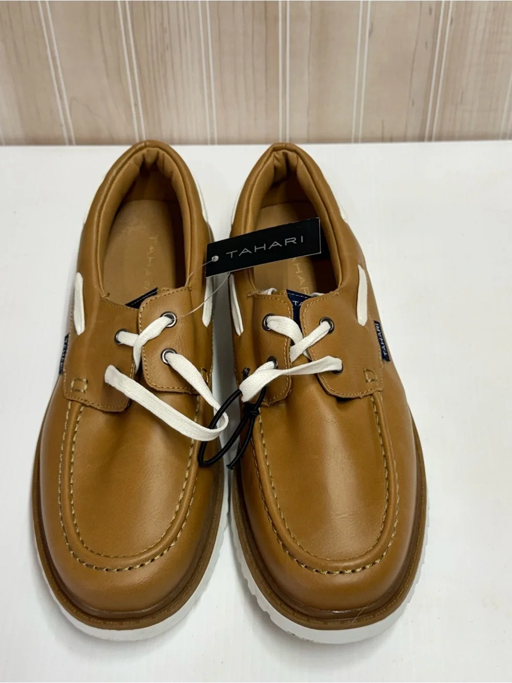 Tahari Men’s Brown Leather Boat Shoes with White Accents